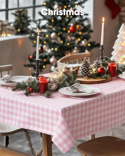 Image of Pureegg Plastic Table Cloth Disposable 8 Pack, 54 x 108 Inch Table Cloths, Party, Picnic, Decorative Gingham Tablecloths, Rectangle, Pink and White Checkered Cover, Leakproof & Sturdy, Pink Plaid