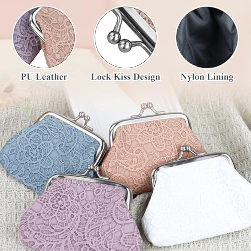 Image of FuninCrea 2 Pcs Faux Leather Coin Purse for Women with Kiss Lock, Floral Pattern Change and Coin Wallet Double Clasp Closure Mini Wallet for Cash Key (White+Purple)