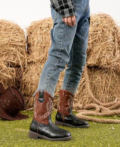DADAWEN Boys Girls Cowboy Boots Bumps Embroidery Square Toe Mid Calf Western Cowgirl Boots Riding Shoes (Toddler Little Kid Big Kid)3
