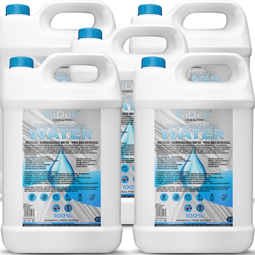 GiDeli Agua desmineralizada, 5 x 5 l, agua destilada para planchas, baterías, radiadores, humidificadores, acuarios y laboratorios, agua sin cal, inodoro, transparente