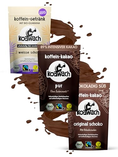 koawach Koffein Kakao Trio — Vegan & Bio leckere Trinkschokolade mit Koffein aus Guarana. Von herb bis süß - 1x Pur 1x Original Schoko 1x Weisse Schoko Pulver (3x100g)