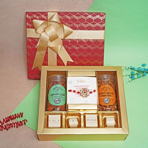 Image of Velvet Fine Chocolates Ribbon of Love Sweets Box | Assorted Chocolates & Kundan Rakhi Combo | Perfect for Rakshabandhan | Pack of 1