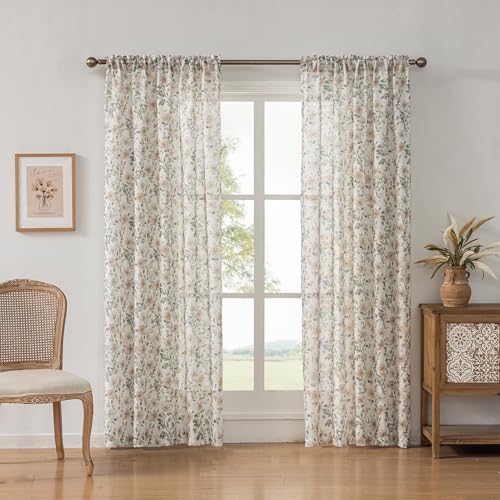 Image of SUOUO Brown Vintage Floral Semi Sheer Curtains Linen Textured for Living Room 96 inches Long Rod Pocket Window Drapes for Dining Bedroom 2 Panels