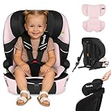 LIONELO Seggiolino auto LEVI FIX I-SIZE con ISOFIX per bambini 76-150 cm fino a 36kg Gruppo 1/2/3 Protezione laterale 10 Livelli di regolazione del poggiatesta, Top Tether, Ampio e comodo (Rosa)