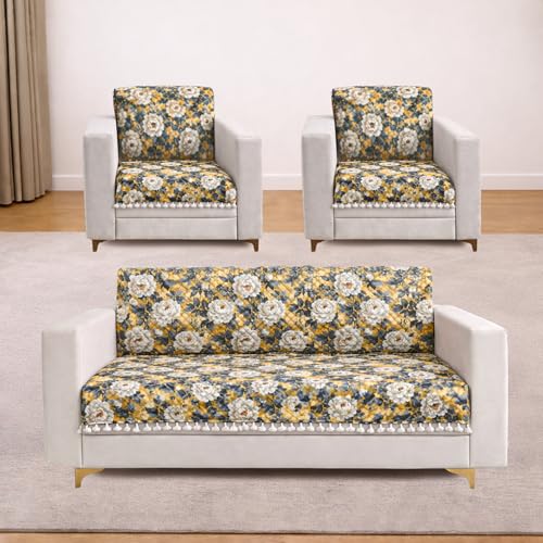 Image of Homerz Premium Printed Quilted Velvet Sofa Slip Cover Protector with Tassels, Sofa Mat, Exact Size, Antislip Cover (Antique Garden, 5 (3+1+1) Seater, Full)
