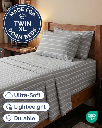 Image of Extra Deep Twin XL Sheet Set - 4 Piece Breathable & Cooling - Grey Stripes | Hotel Luxury Bed Sheets Set, Easy & Secure Fit, Ultra-Soft, Wrinkle & Fade Free, Comfy Sheets Set with Extra Deep Pockets