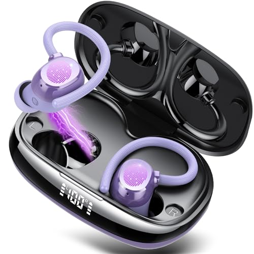 Auriculares Deportivos, Auriculares Inalambricos Bluetooth 5.4 Deportivos HiFi Estéreo con Gancho, 80H Cascos Inalambricos con Pantalla LED, Llamada ENC HD, IP7 Impermeable, Ajuste Cómodo, Violeta