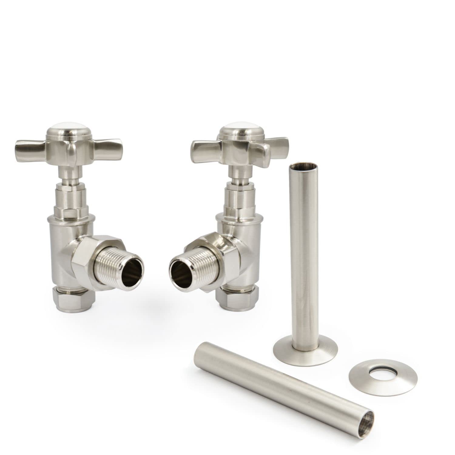Hot Flow Satin Nickel With Sleeve | Bayou Cross-Head Traditional Manual Radiator Valves (Pair) (Satin Nickel With Sleeve)