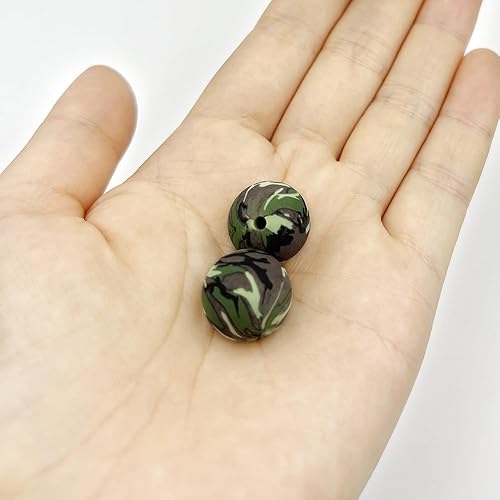 Miniatura 7 de 30 cuentas de camuflaje de silicona, cuentas verdes impresas de 0.59 pulgadas (0.591 in), cuentas pintadas de colores de silicona espaciadoras para