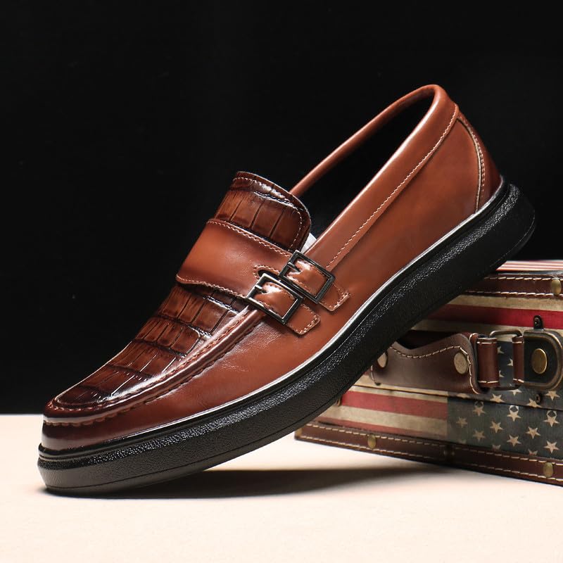 Santimon Men's Crocodile Print Loafers Double Buckle Strap Slip-On Dress Shoes Comfortable Casual Moc Toe Driving Shoes3