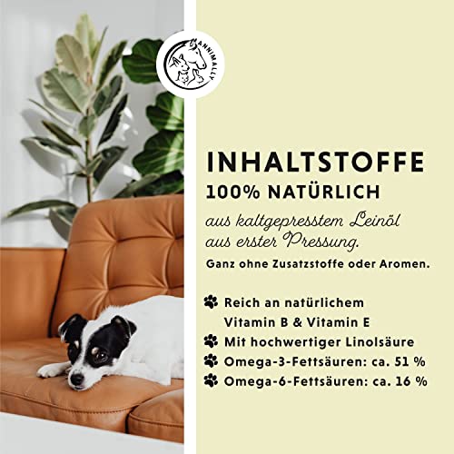 Annimally Leinöl für Hunde 500ml - Leinöl Hunde kaltgepresst reich an Omega 3 & 6 Fettsäuren & Vitamin B -Barf Öl für Hund, Katze und Pferd geeignet Reines Naturprodukt aus Deutschland - Leinöl Hund