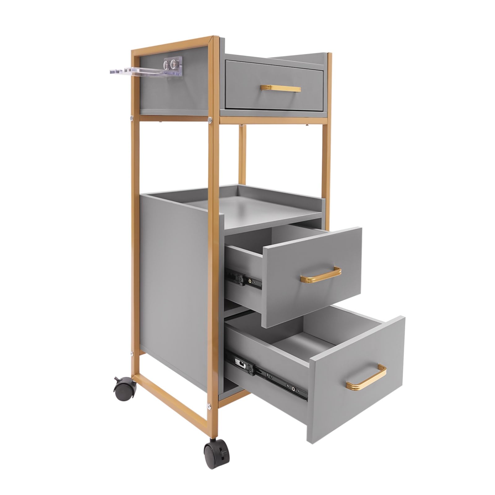 Carrito de cosméticos con ruedas, 3 cajones y soporte para secador, carrito auxiliar con armario, carrito de trabajo moderno para baño y sala de estar (Gris)