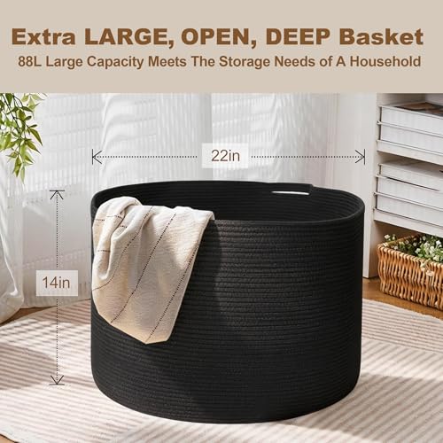 Image of MEGASKET Large Black Blanket Basket, 22 inch X 22 inch X 14 inch Woven Rope Bin for Storage, Kids Dog Toy Storage Box Organizer Bins, Blanket Holder for Living Room, Decorative Wicker Basket for Organizing
