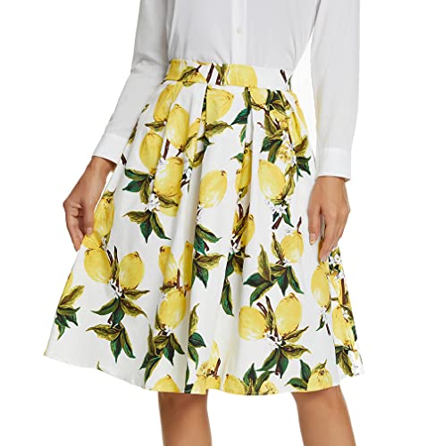 Image of Tandisk Women's Vintage A-line Printed Pleated Flared Midi Skirt with Pockets
