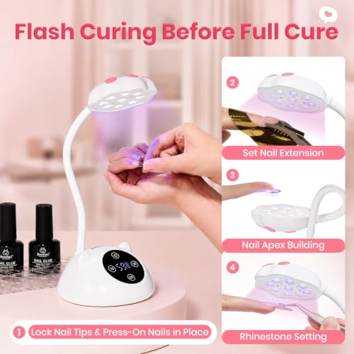 Image of Beetles Gooseneck Flash Cure Nail Lamp, Cordless 2000mAh UV Light MilkKitty | Rechargeable 36mW /cm Flash Cure Lamp 365nm+405nm Dual UV LED Light Source, Digital Display for Nail Tips Press on Nails