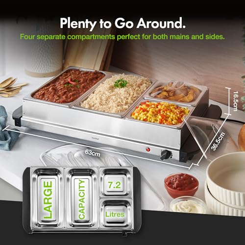 VonShef Food Warmer 4 Tray – 7.2L Table Top Buffet Server 300W with Lids, Plate Warming, Temp Control, Chafing Dish, Hostess Trolley Food Warmer & Cool Touch Handles - 2 x 2.4L and 2 x 1.2L Pans - Image 7