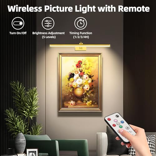 Image of 4 Pack Picture Lights for Wall, 23in Art Lighting for Paintings Cordless, 6400mAh Rechargeable Battery Operated Picture Light with Remote Dimmable and Timer for Artwork, Gallery, Display, Gold