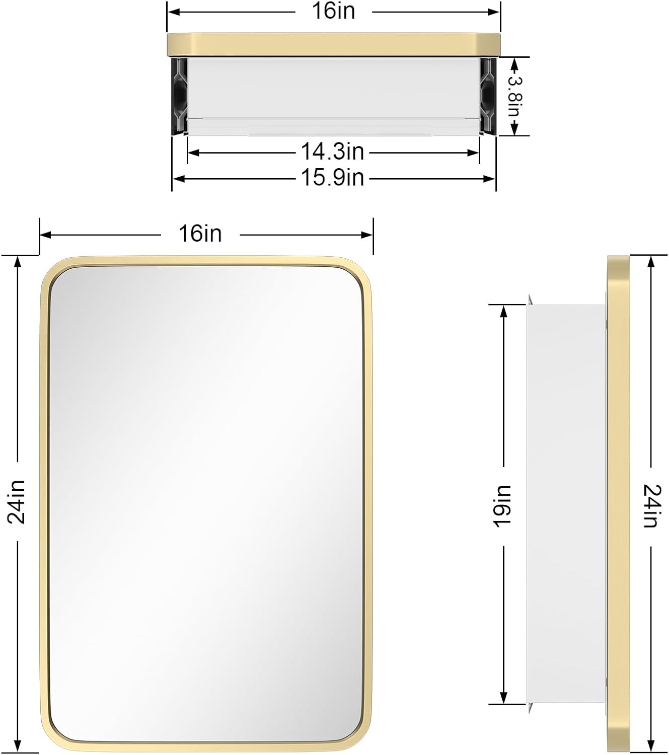 HOMECOOKIN Farmhouse Gold Metal Framed Recessed Bathroom Medicine Cabinet with Beveled Mirror Rounded Rectangle Bathroom Medicine Cabinet 16x24 inch