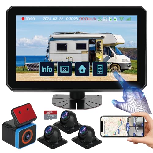 6CH AI WiFi GPS Sentry Mode RV Backup Camera System 10.1″ Touch Screen Monitor with 4 1080P Rear Side View Camera,Mobile DVR Recording Live View on APP/Web/PC for Truck Trailer Tractor Fleet