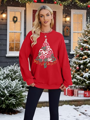 QLIPIN Christmas Sweatshirt Women Merry Christmas Bow Sweater Christmas Tree Shirt Oversized Holiday Ugly Sweaters - Image 3