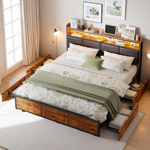 PerGar Polsterbett mit Stauraum, LED Doppelbett mit 4 Schubladen, Schubladenbett, Jugendbett mit Kopfteil, Stauraumbett, Metallrahmen, PU, Ohne...