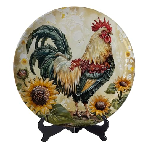 Oksinity Farmhouse Sunflower Rooster Decorative Plate Handmade Ceramic Ceramic Plate Festival Gift With Display Stand For Home Office Table Decor Porcelain Plates - 7 Inches