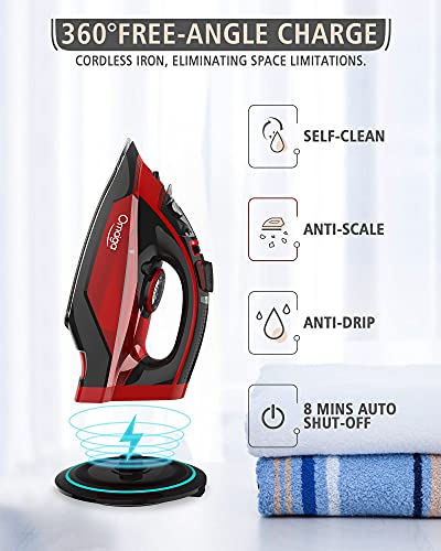 Omaiga Cordless Iron, 1500W Cordless Irons For Clothes, Steam Iron With 11.84Ozs Water Tank, Anti Drip Clothes Iron Steam With Ceramic Soleplate, Irons For Clothes With 3 Temperature Settings-Red #TOP1