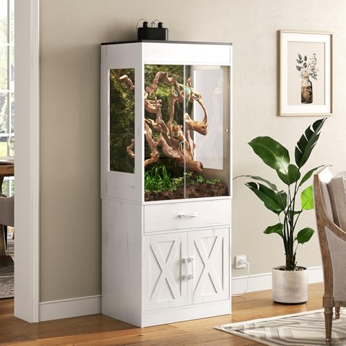Terroute 67 Gallon Reptile Tank with Stand Reptile Enclosure with Power Outlet for Bearded Dragons Lizards Snakes Gecko Sliding Acrylic Doors & Mesh Top Terrarium for Living Room Corridor White