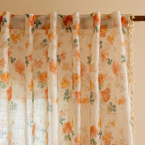 Image of MYSKY HOME Floral Boho Linen Curtains 63 inch Length 2 Panels Set Spring Vintage Farmhouse Orange Patterned Window Drapes with Tassels Semi Sheer Light Filtering Back Tab for Girls Bedroom, W50 inch