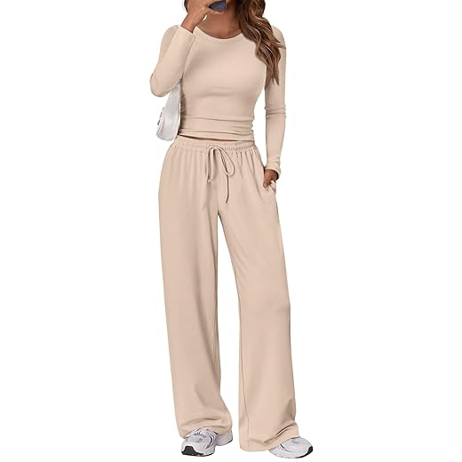 Trendy Queen Women's 2 Piece Matching Lounge Set Long Sleeve Slightly Crop Top Wide Leg Pants Casual Sweatsuit