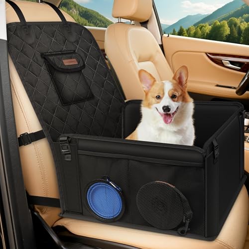 Looxmeer Siège Auto Chien Sécurisé Imperméable et Anti-Griffes, Filet de Rangement et Ceinture Sécurité Adjustable, Installation Facile sur Siège Passager pour Chiens de Petite et Moyenne Taille, Noir