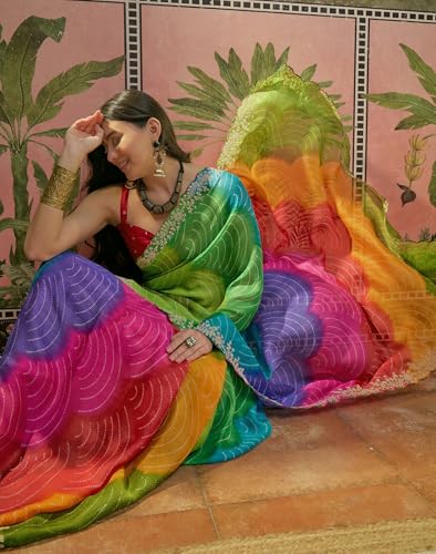 Image of SIRIL Women's Chiffon Scalloped Border Sequins Embroidery Saree with Unstitched Blouse Piece