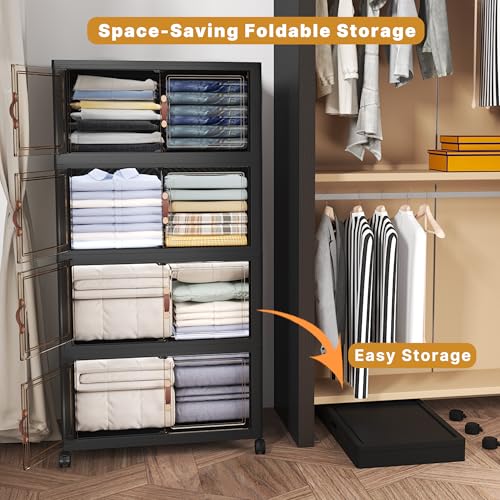 Image of UAMFURI Extra Large Stackable Storage Bins with Lids & Wheels, 480QT-120QT /30GAL*4Pack Foldable Collapsible Closet Organizers Storage Cabinet with Doors for Bedroom Dorm