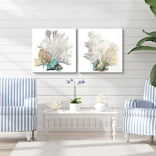 Japo Art White Coral Wall Art Modern Teal Seashell Beach Prints Sea Fan Corals Painting Artwork Abstract Coastal For Bathroom Office Home Decor Ready To Hang 16X16Inchx2Pcs #TOP2