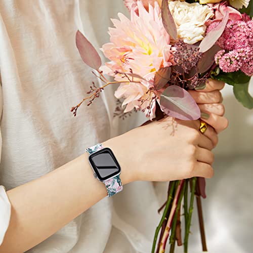 Image of Compatible with Apple Watch Band 41mm 40mm 38mm 49mm 45mm 44mm 42mm Women Girl, Plants Print Lace Hollow-out Soft Silicone Sport Bands For iWatch Ultra SE Series 10 9 8 7 6 5 4 3 2, Plants-42
