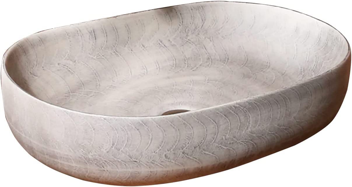 WOTZOV Ceramic Bathroom Sink Hand Carving Ceramic Bathroom Basin Sink, Countertop Washbasin Retro Simplicity 59 * 40 * 15Cm, Cloakroom Vessel Sink Can Be Installed Indoors,Singlebasin