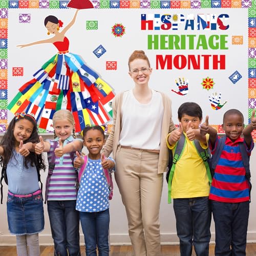 Image of Hispanic Heritage Month Decorations Bulletin Board Set, Spanish Heritage Month Bulletin Board with Latin American Flags Board Border Paper Flowers, Spanish Classroom Decor for Door Wall Party Supplies