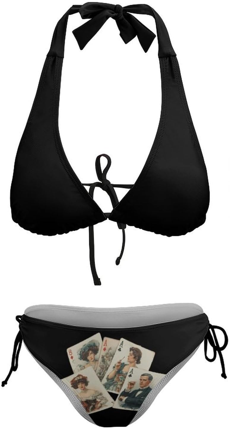 Vintage Poker Cards Novelty Women's 2 Piece String Bikini Set Swimsuits Bathing Suit Swimwear