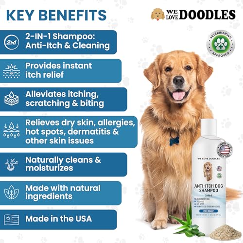 Premium Anti Itch Dog Shampoo for Sensitive Skin, Made in USA, Dry Skin Treatment for Dogs, Great for Allergies, Itching, Hot Spots, Natural Ingredients & Allergy Relief, 16 OZ [We Love Doodles]