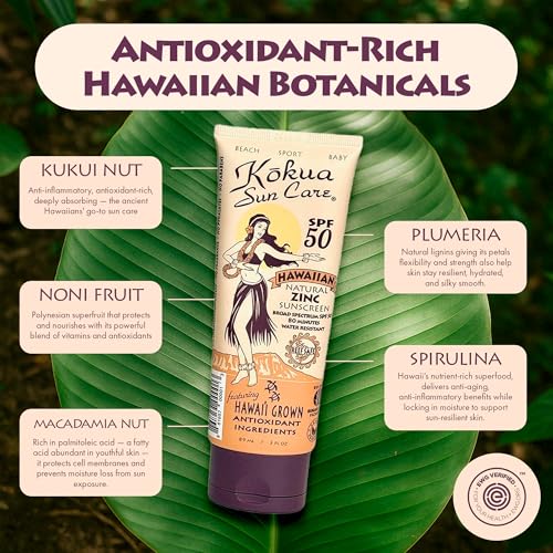 Image of Kokua Sun Care Hawaiian Sunscreen Reef Safe SPF 50 | 3 oz | Zinc Oxide | Mineral Sunscreen | Face & Body | Moisturizing Sun Protection | Water Resistant | Chemical Free | Natural Ingredients