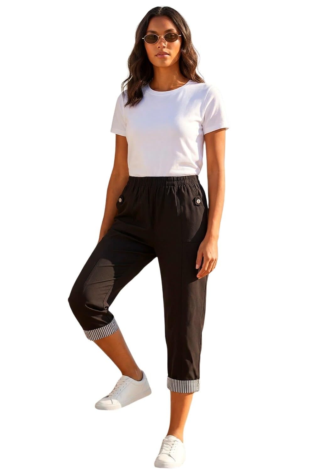 Roman Women's Black Contrast Detail Cropped Stretch Trousers In | Size: 10