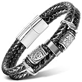 Enjoy Risingsun Viking Leather Bracelet For Men Balck Cool Handmade Stackable Jewelry, Faith and Courage Bangle Bracelets