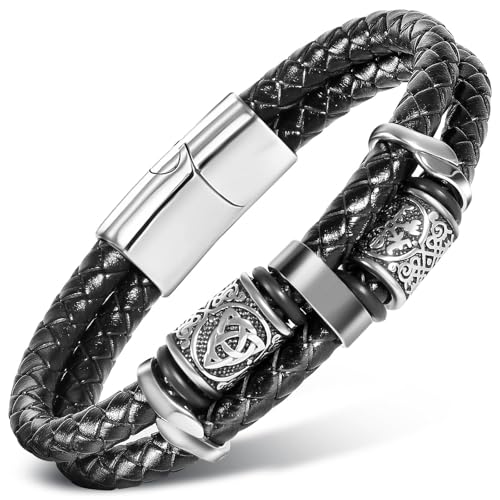Viking Leather Bracelet For Men Balck Cool Handmade Stackable Jewelry, Faith and Courage Bangle Bracelets
