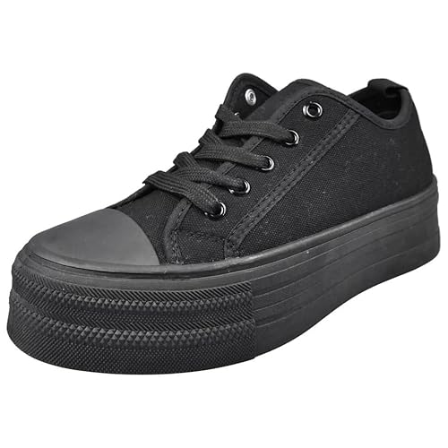 LoudLook Ladies Platform Trainers Canvas Pumps Gym Lace Up Comfy Heel Summer Casual Shoes Sizes Black 4
