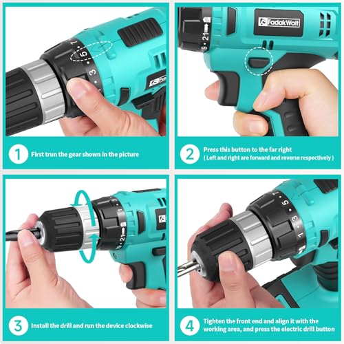 Image of FADAKWALT Cordless Drill Set, 20V Electric Power Drill With Battery And Charger, 30N Torque, 21+1 Settings, 3 /8-Inch Keyless Chuck, Driver Bits Kit, LED Light (Turquoise)