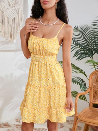 Image of Floerns Women's Swiss Dots Sleeveless Ruched Bust Ruffle Hem Cami Short Dress