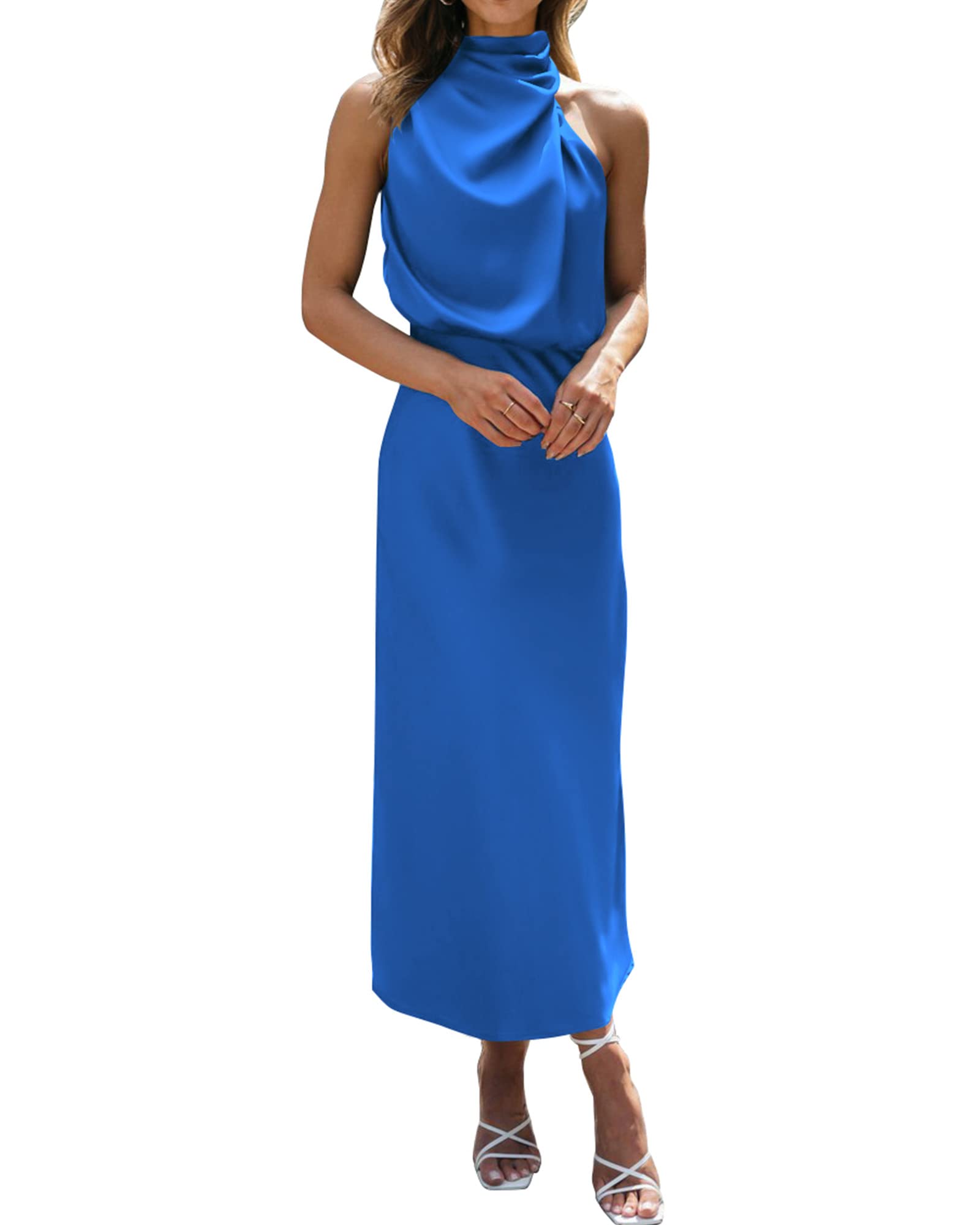 BTFBM Cocktail Dresses for Women Summer Satin Silk Sleeveless Mock Neck Maxi Wedding Guest Dress Spring Outfits 2026