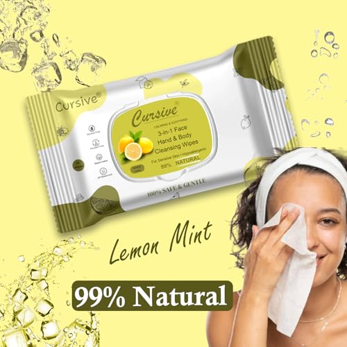 Image of Cursive Refreshing Face Wipes Daily Cleansing Facial Wipes 25 Each - Pack of 3 | with Lemon Mint & vitamin E | Mackup Removel Wipes | Paraben & Alcohol free With Lid