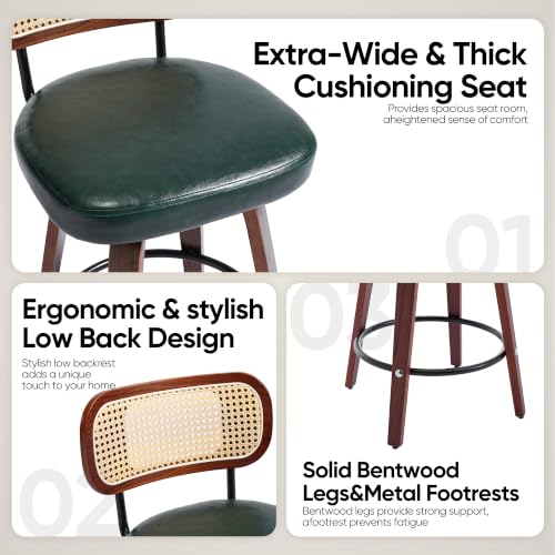 Image of Rattan Bar Stools Set of 2,Upholstered PU Leather, 30''Counter Height Barstools with Back and Wood Legs,360Swivel,Mid-Century Modern Bar Stool for Kitchen Island Dining Room and Bar(Vintage Green)