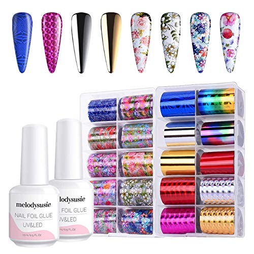 MelodySusie Nail Foil Nail Transfer Stickers with Foil Glue Kit, 15ML, 20 Colors (4cm120cm) for Nail Art DIY Decoration Kit Gel Nail Polish Acrylic Powder Design, UV LED Lamp Required